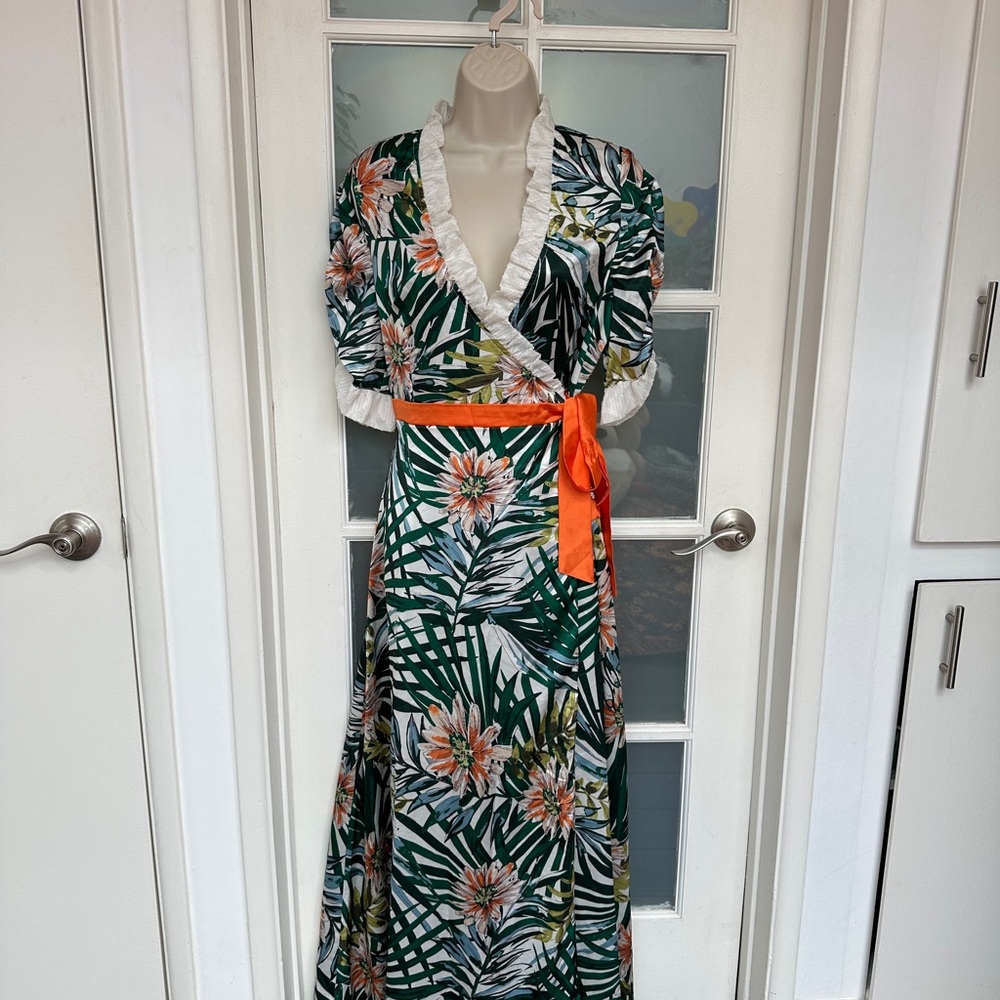 Blue and Green Puff Sleeve Maxi Sundress